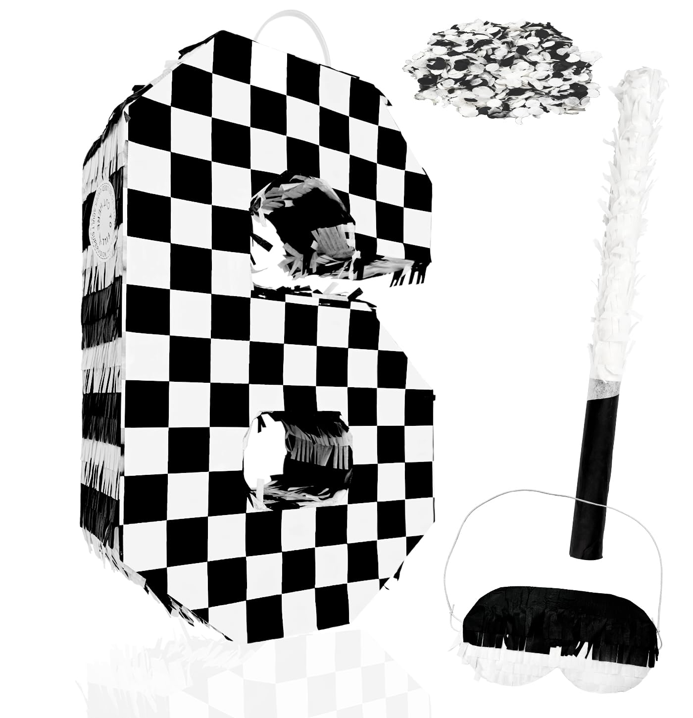 MUNILAIL Checkered Number 6 Pinata Black and White Checkered Pinata with Stick and Blindfold Confetti for 6th Birthday Racing Car Party Game Supplies