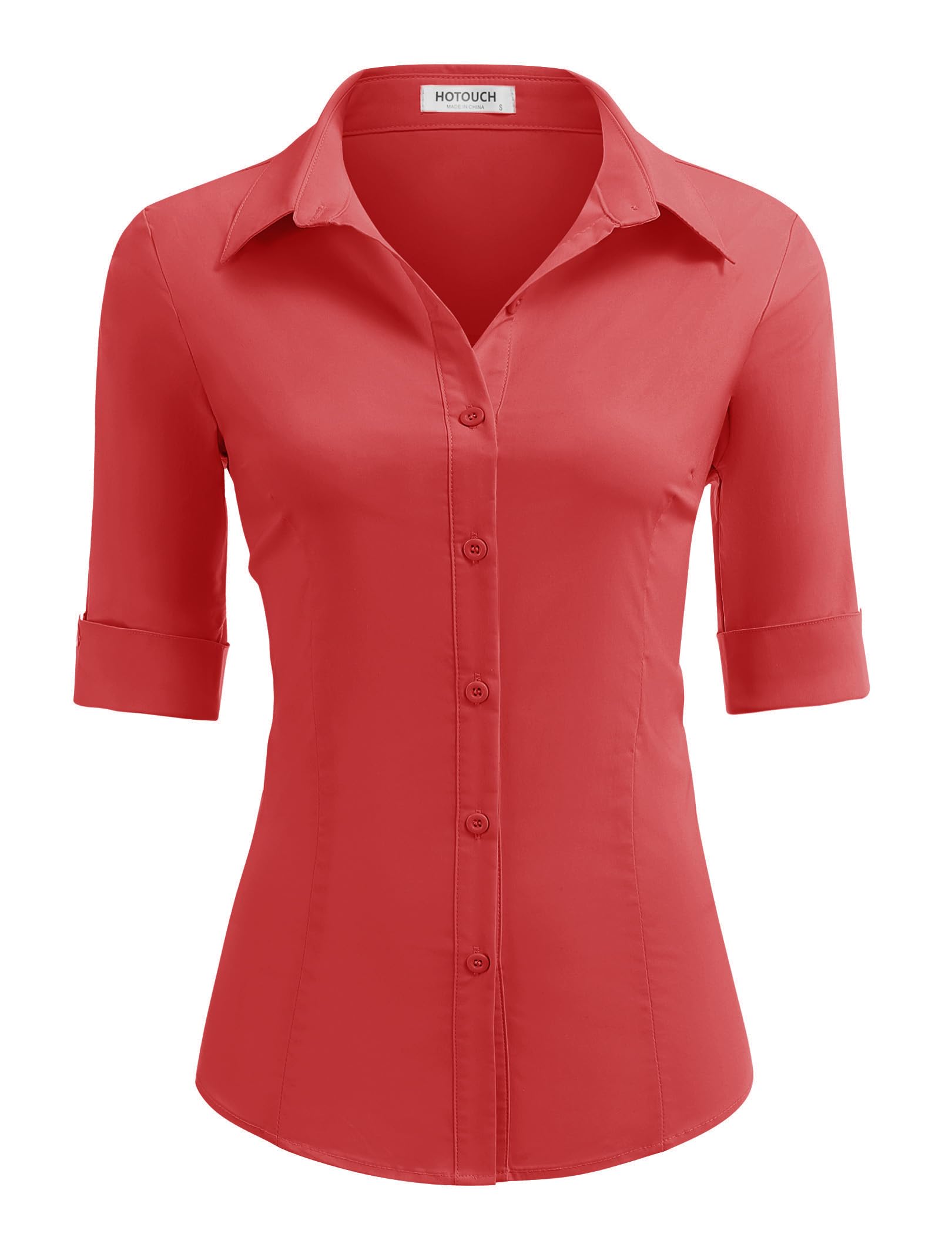 Hotouch Basic Button Down Shirts for Women 3/4 Sleeve Stretch Button Up Dress Shirt Collared Slim Fit Waitress Work Shirts