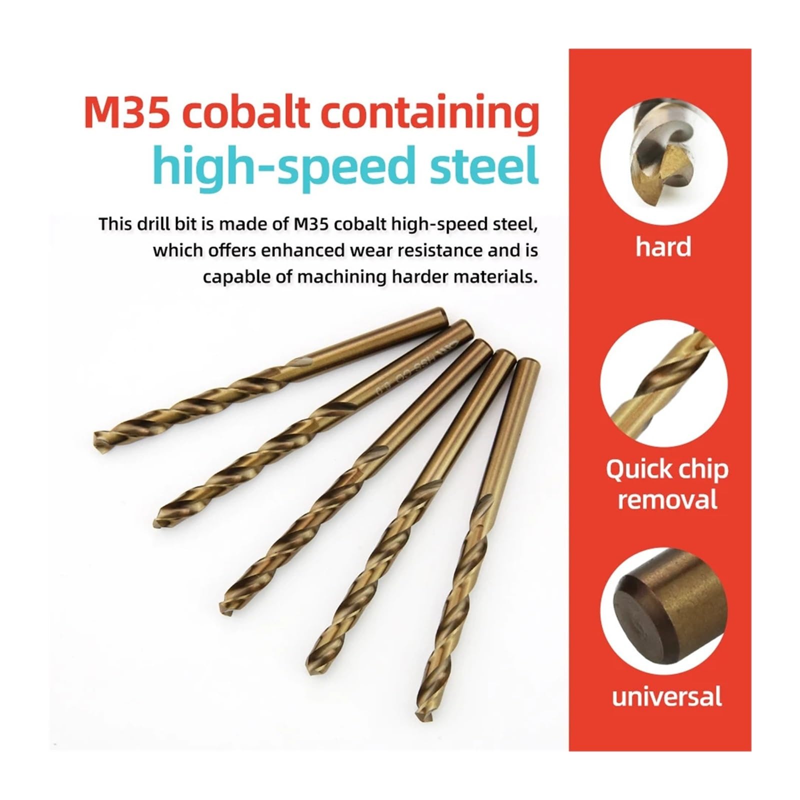 Juego de brocas helicoidales HSS de cobalto M35, 10 piezas para perforación de metal y acero inoxidable(11.4mm)
