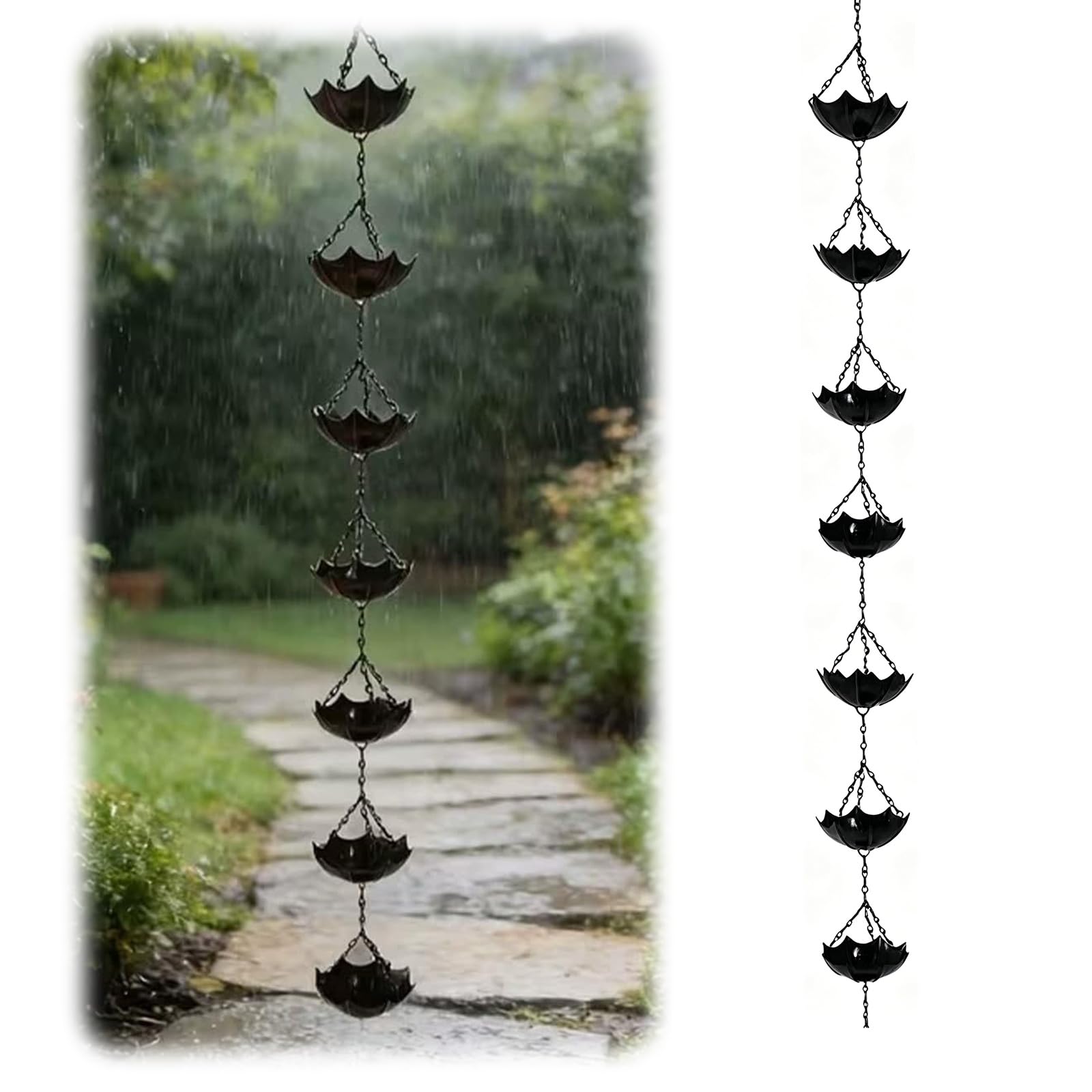 Qunzidress Black Rain Chain For Gutters Outside, Decorative Metal Rain Catcher With Adapter