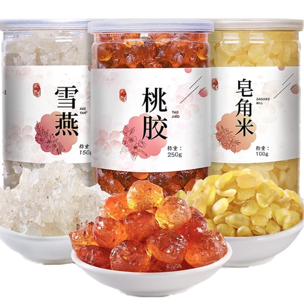 Peach Gum, Snow Swallow & Saponin Rice Kernel Combo, No Impurities, Natural Edible Nourishing Ingredients, Ready for Stewing Dessert & Drinks (500g, Peach Gum250g;Snow Swallow150g;Saponin Rice 100g)