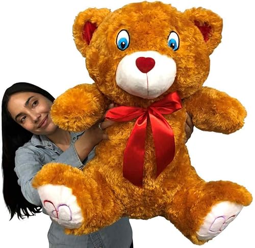 Oso de peluche grande de 24 pulgadas, suave peluche de San Valentín, color marrón con nariz roja en forma de corazón y corazones en las patas,
