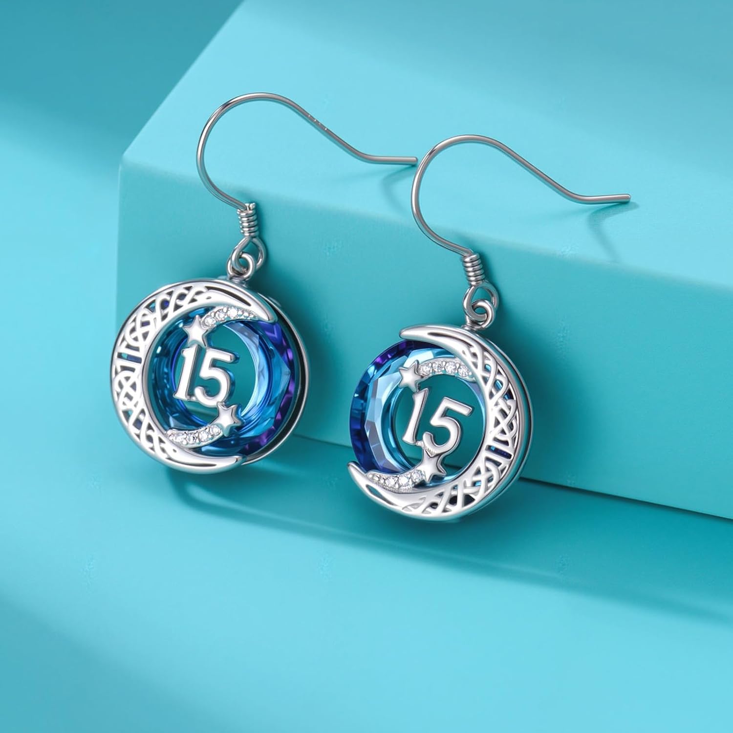 JUSTKIDSTOY Birthday Gifts Earrings for Daughter 925 Sterling Silver Birthday Gift Earrings Celtic Moon Star Leverback Dangle Drop Earrings Blue Crystal Jewelry for Women Sister - Image 2