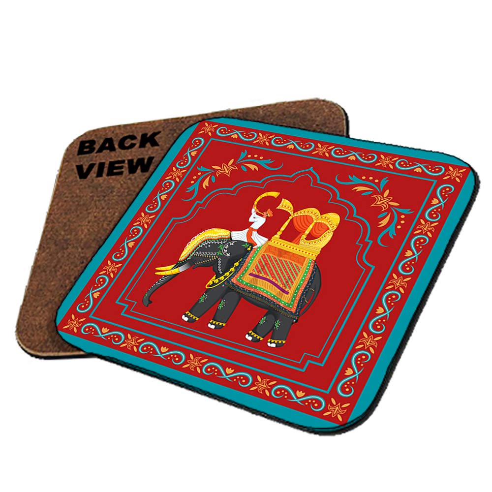 Traditional Retro Indian Elephant Oriental Ethnic Pattern Vintage Colourful Decorative Coaster, Drinks Coaster, Coffee-Tea Coaster Birthday Gift. (Square Coaster)