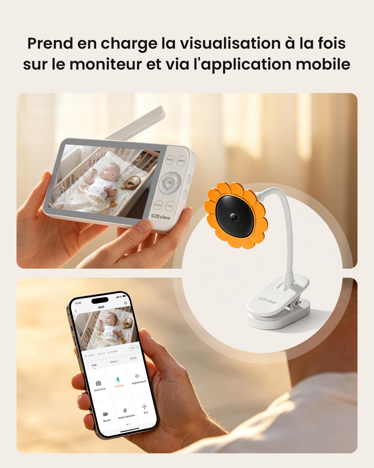 CZEview Babyphone avec caméra et appli, Moniteur vidéo bébé 5,5 Pouces sans Wi-FI Entre caméra et Moniteur, Transfert Wi-FI Smartphone, Vision Nocturne, Audio bidirectionnel, Mode VOX (Blanc)