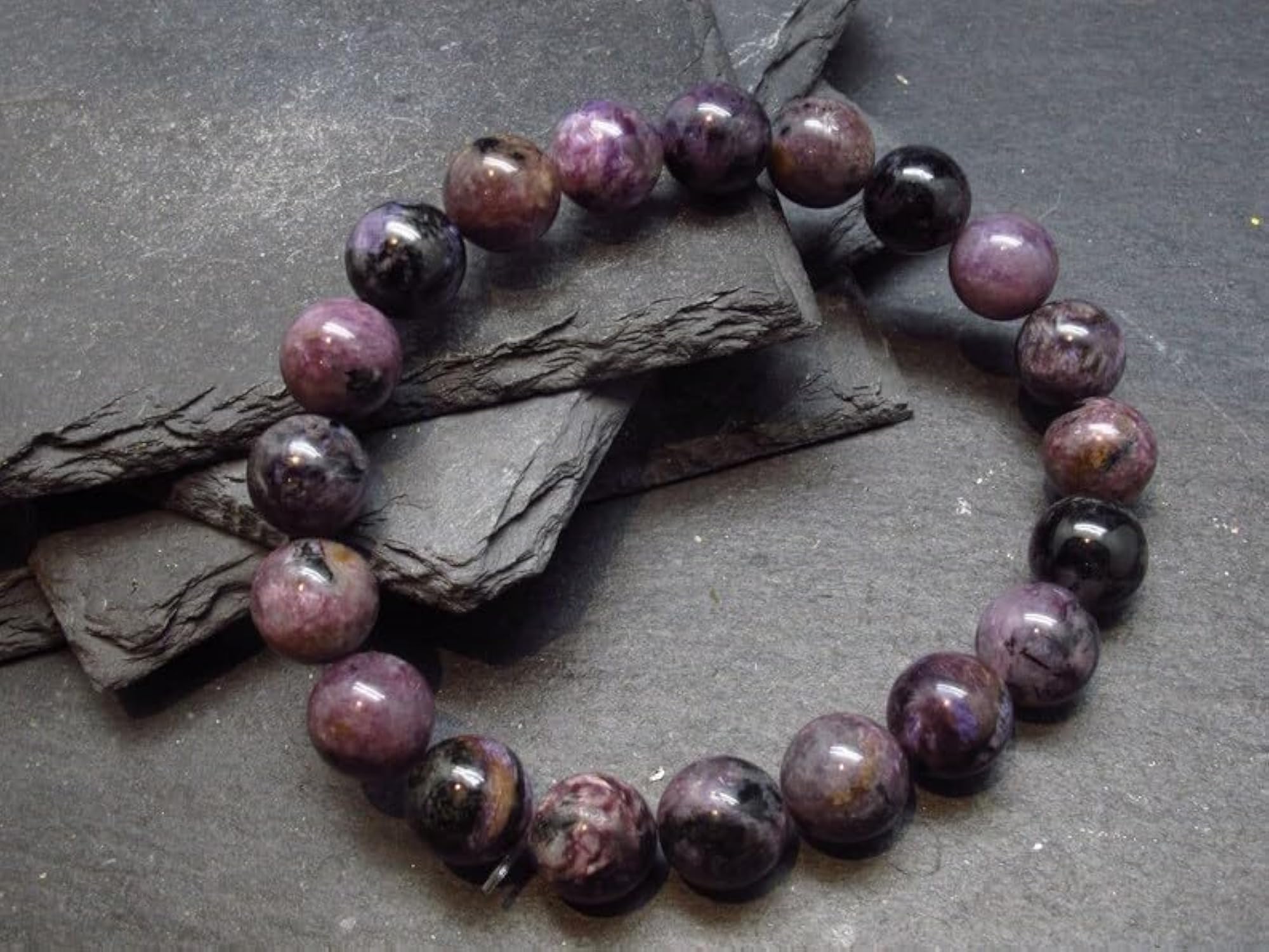 Unisex Natural Russian Charoite 10mm Round Bead Stretchable Bracelet