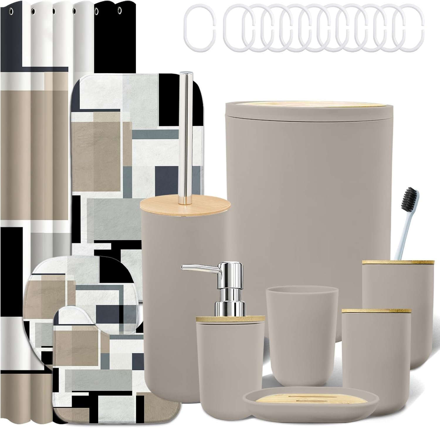 23-Piece Bathroom Sets, Beige Bathroom Accessories Set with Shower Curtain and Rugs, Beige Black Shower Curtain Set with Bath Rugs, Bathroom Trash Can, Soap Dispenser, Soap Dish for Modern Home Decor