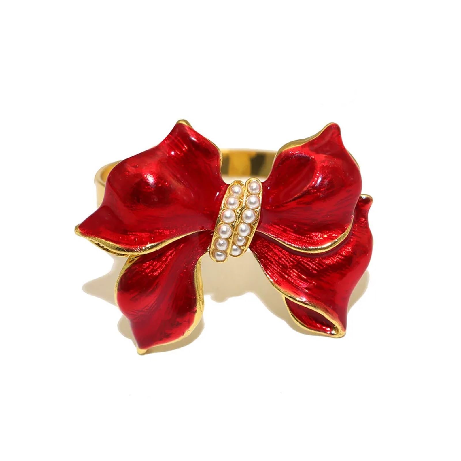 Usohjz Red 12Pcs White Bow Napkin Ring Bowknot Pearl Holder Buckle