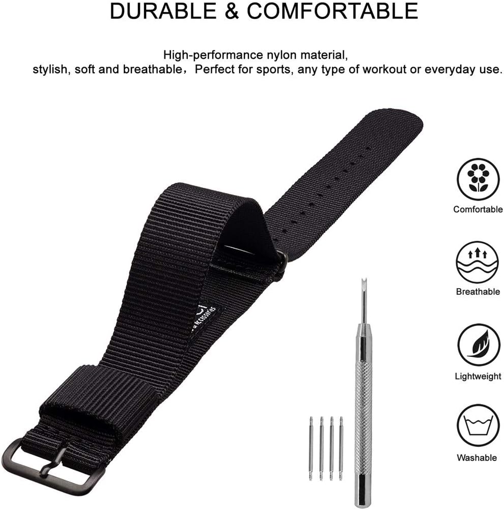 WOCCI Watch Strap 18mm 20mm 22mm 24mm, Nylon Replacement Watch Bands with Black Buckle 18mm Black