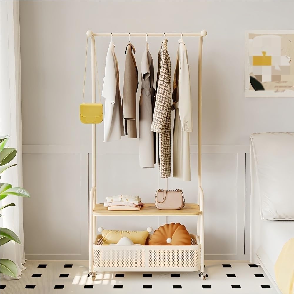 Home Furnishing Coat Rack with Wheels Rolling Hall Tree with Storage Shelf Metal Clother Rack with Storage Basket Modern Metal Coat Racks for Living Room Entryway(White,CH)