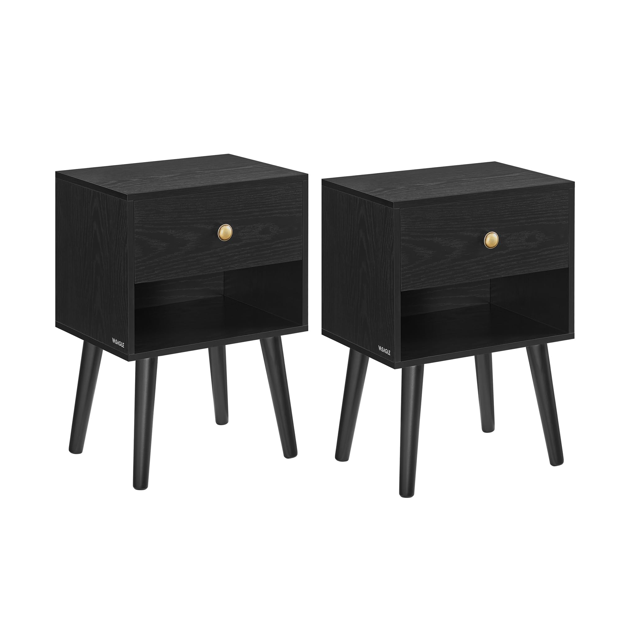 VASAGLE Juego de 2, Mesita de Noche, Mesa Auxiliar con Cajón y Compartimento de Almacenamiento Abierto, Patas de Madera, Mesa de Centro para Sala de Estar, Dormitorio, Sofá, Negro Ébano LET855B56
