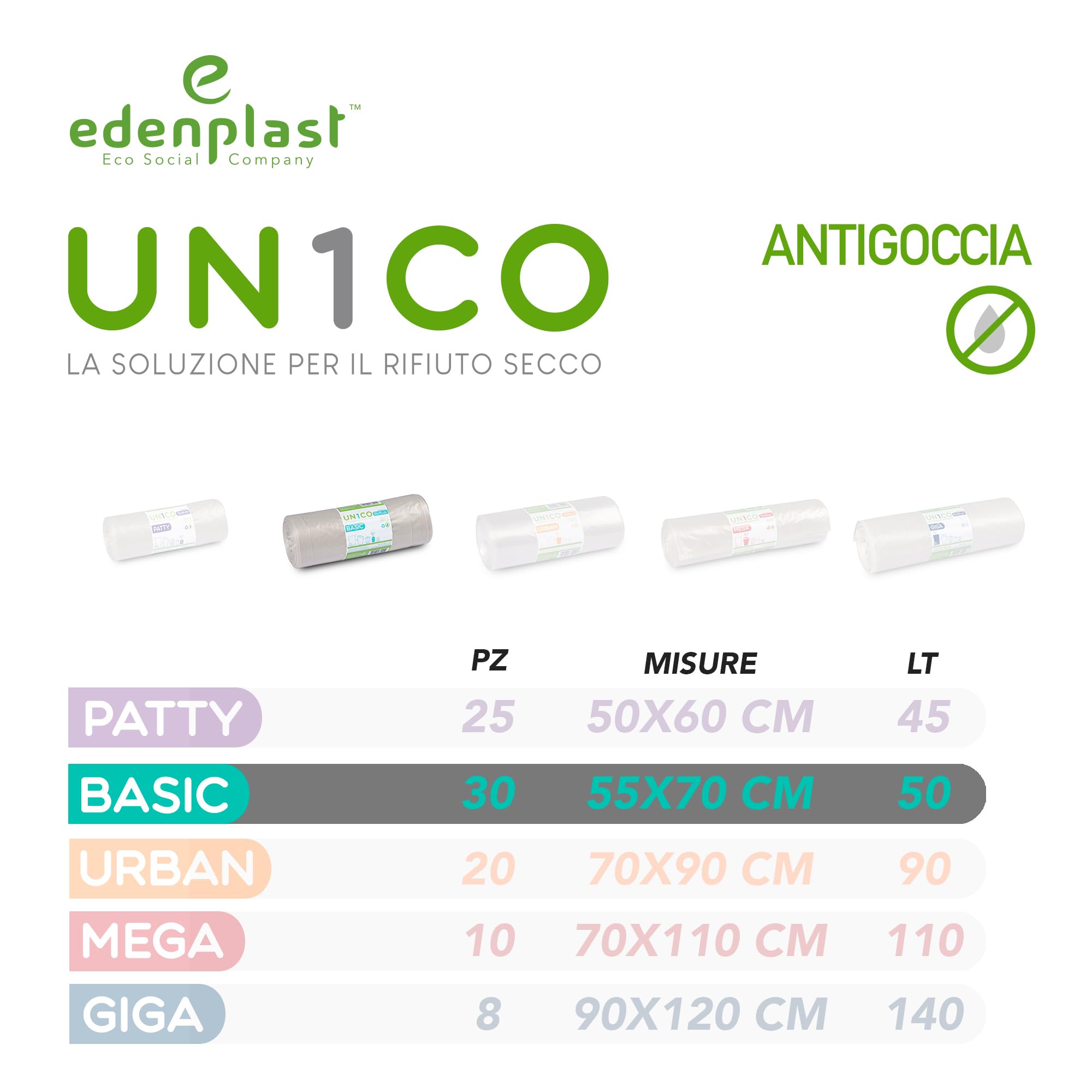 UN1CO BASIC Sacchi Spazzatura Trasparenti 50L - 55x70 cm - Sacchi Raccolta Differenziata Rifiuto Secco - Antigoccia - 100% Polietilene Riciclato - 16 Rotoli da 30 sacchi