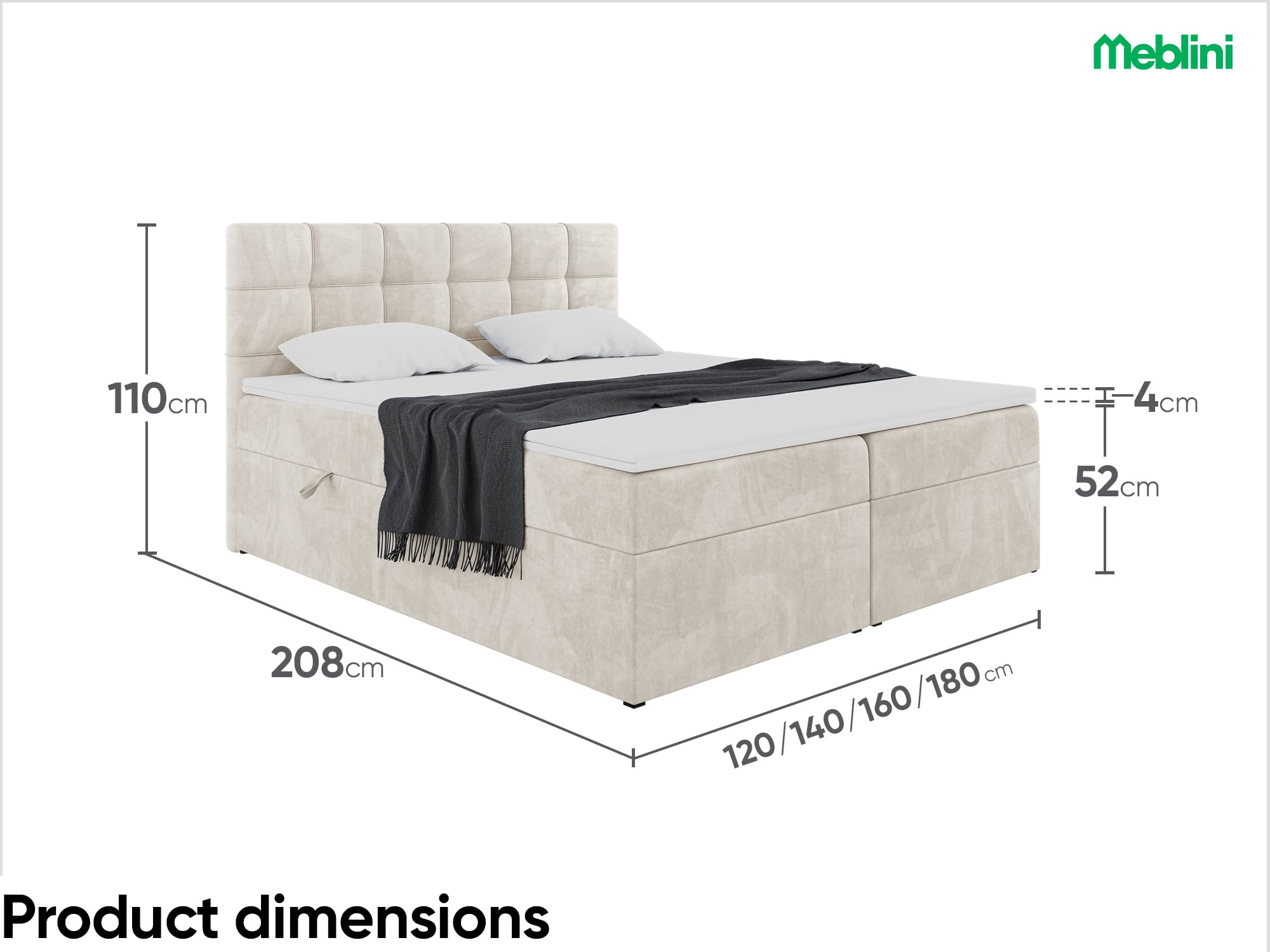 MEBLINI Boxspringbett mit Bettkasten - Gepolstert Doppelbett mit Matratze und Topper - Polsterbett mit Stauraum - Bett mit Kopfteil - Stauraumbett - TAPO 1-120x200 - H3/Creme Samt