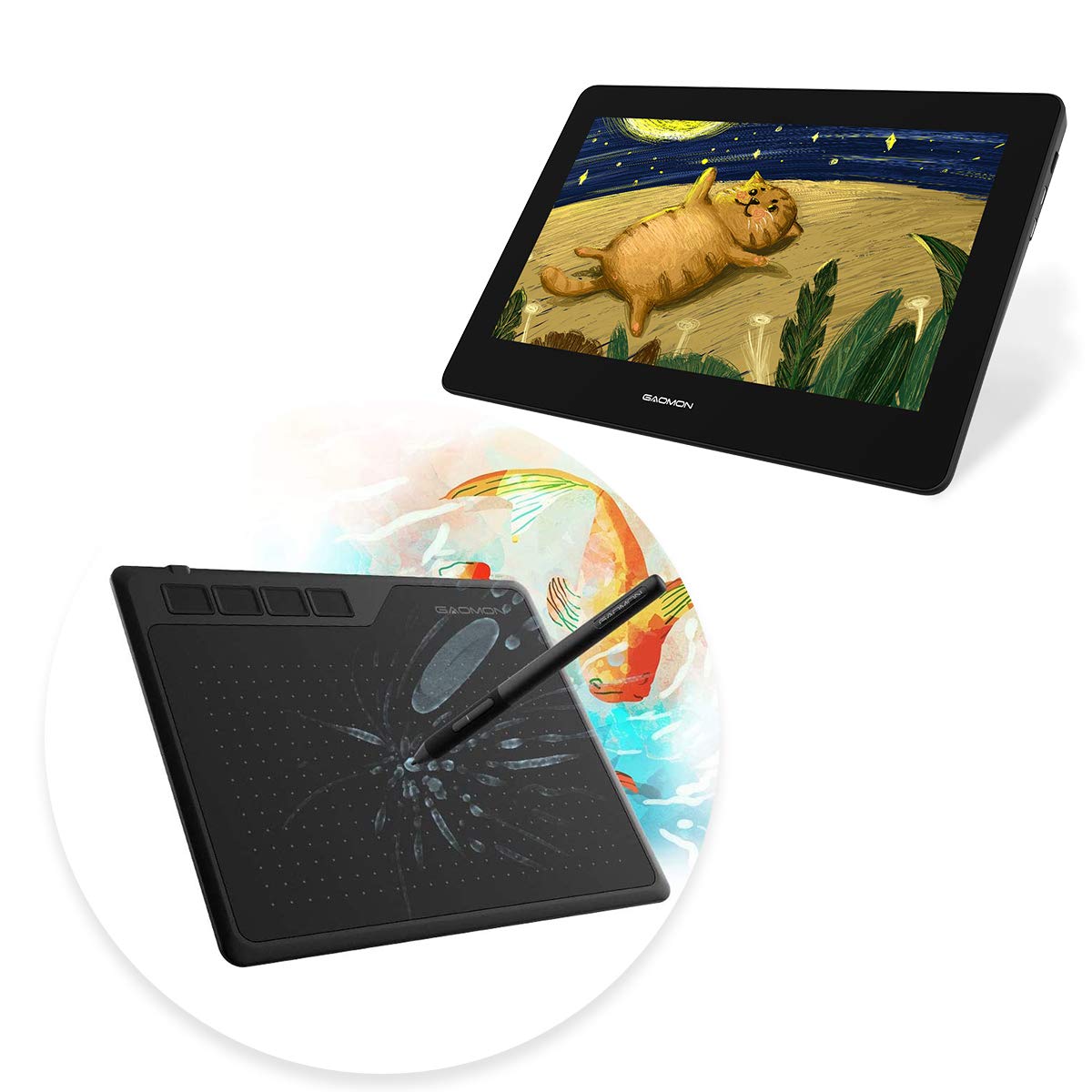 GAOMON S620 (Black)+ PD1220 Drawing Monitor (Red Ember)- Both 8192 Level Pen Pressure Andorid Suppor