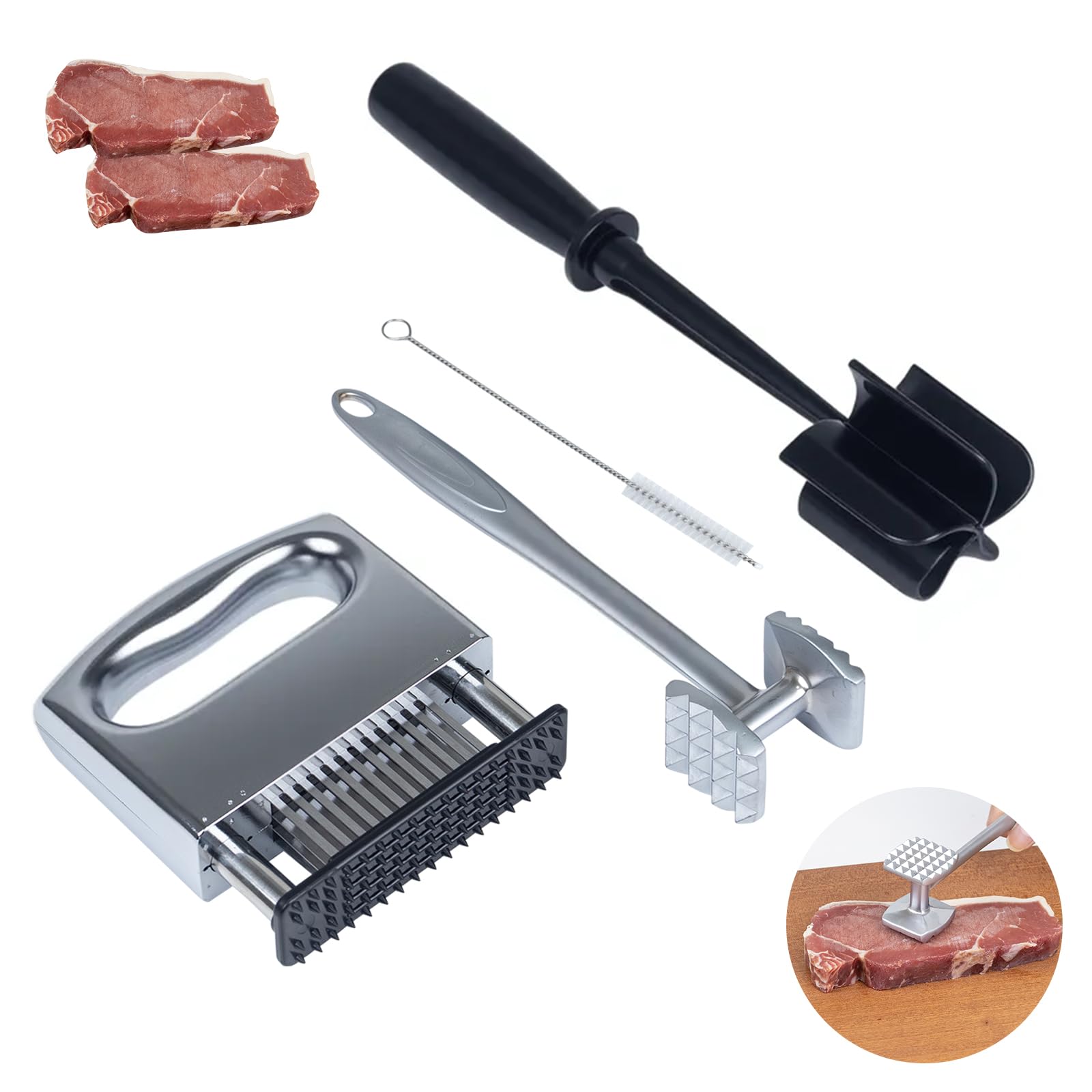 Fleischklopfer Werkzeug-Set – inklusive strukturiertem Fleischklopfer Hammer, Edelstahl-Nadelklopfer, ABS-Rührstab und Reinigungsbürste – 4-teiliges robustes Küchenzubehör für Steak und Huhn