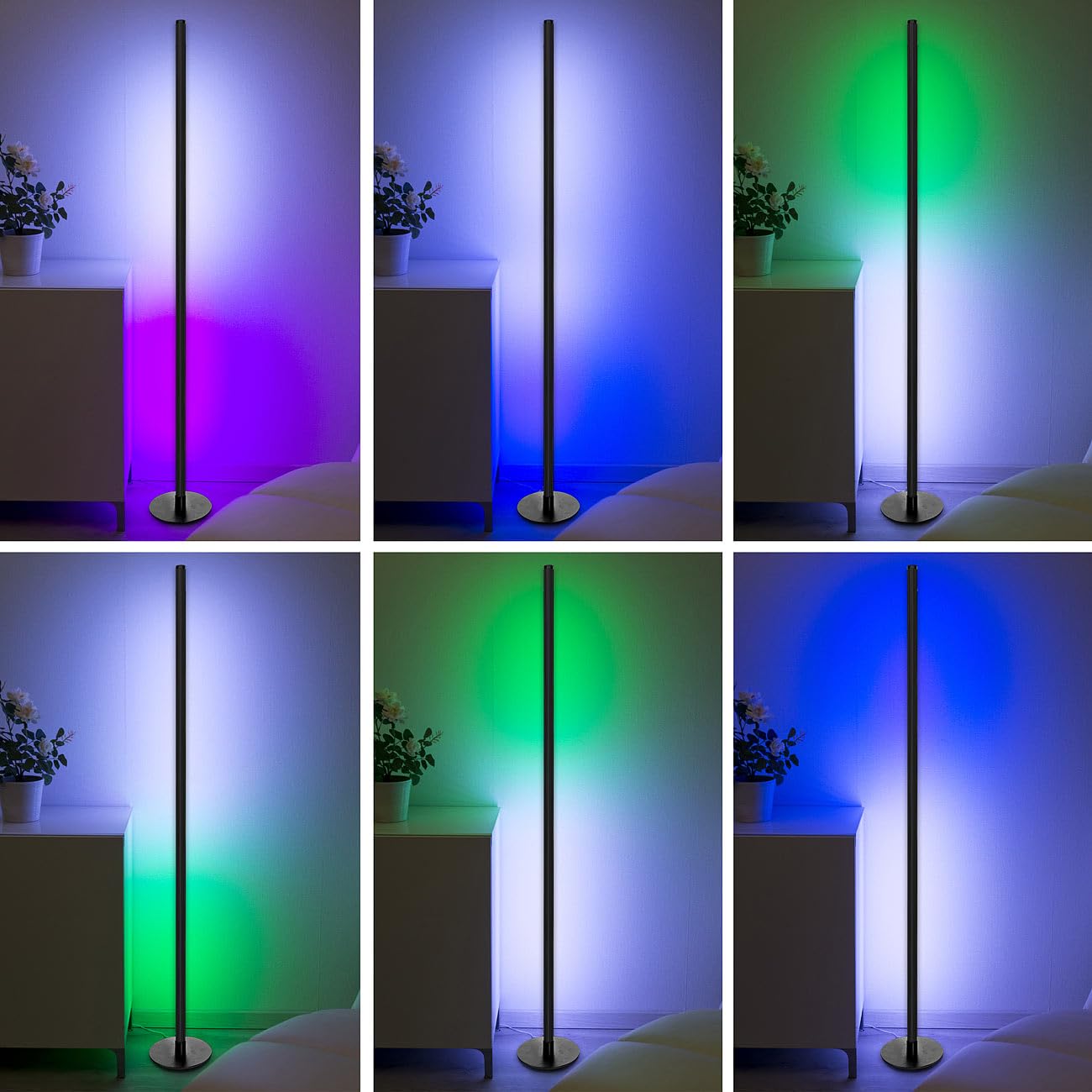 Luminea Home Control Stehlampe LED: WLAN-Steh-/Eck-Leuchte, RGB-IC-LEDs, 12W, dimmbar, App, 155cm, schwarz (Ecklampe, Stehleuchte RGB, Disco)