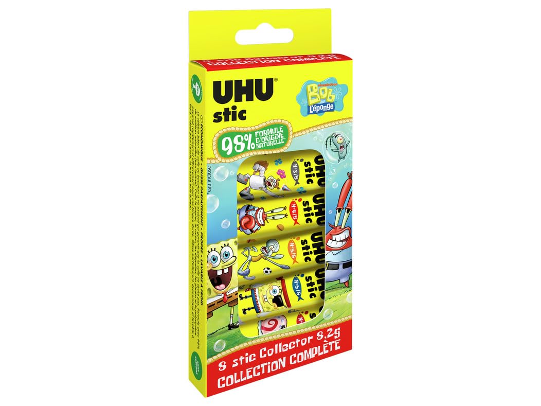 UHU stic Spongebob, Colla Stick 8,2 g, Edizione Limitata collezionabile, Formula 98% Naturale, Confezione da 8 Pezzi