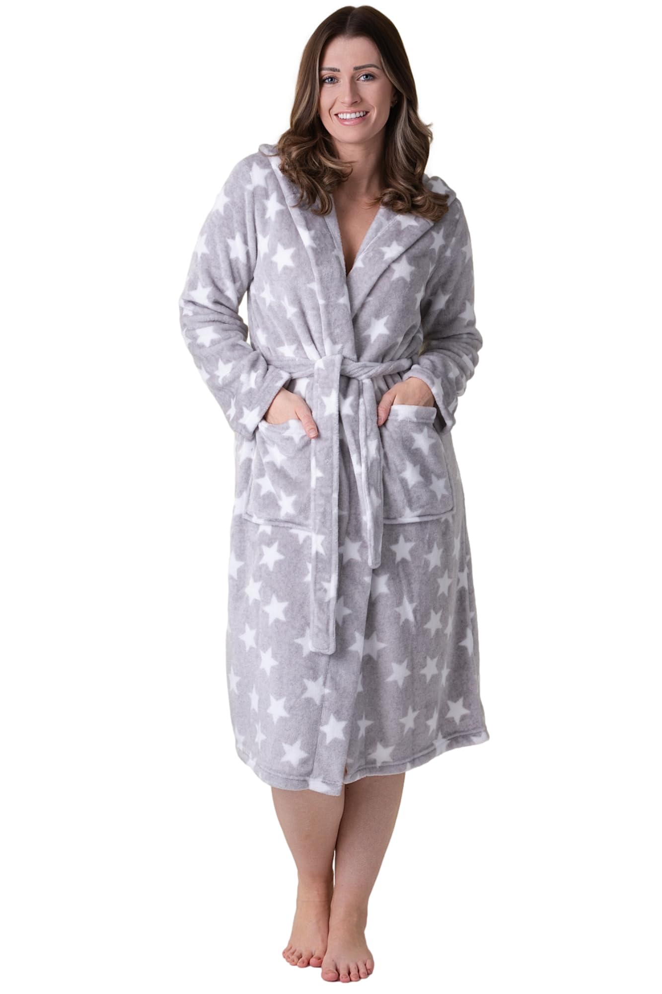 Peignoir à capuche en polaire femme longue robe de chambre chaude avec manches longues