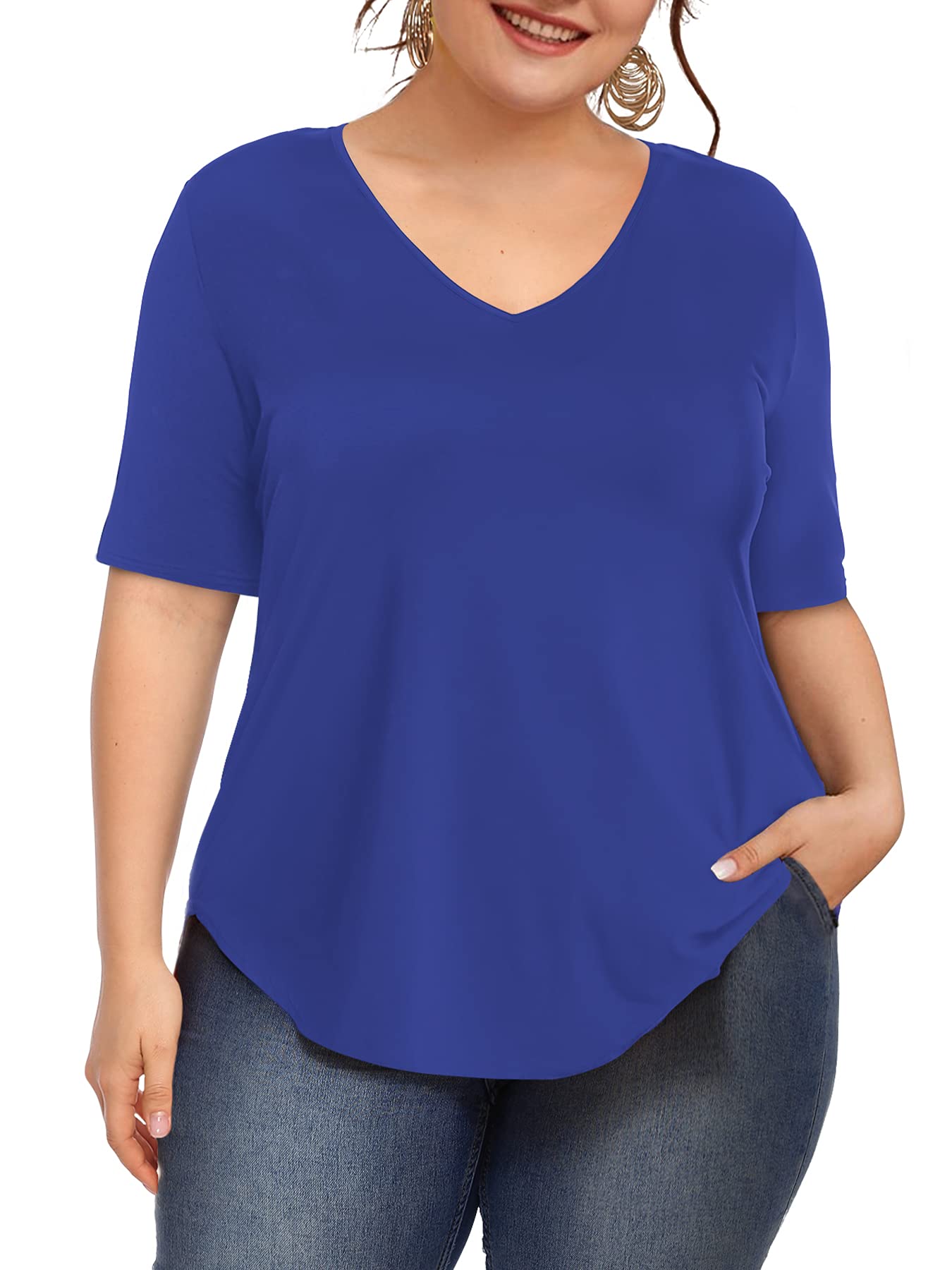Amoretu Womens Plus Size Tops V-Neck Short Sleeve Tshirt Casual Blouse