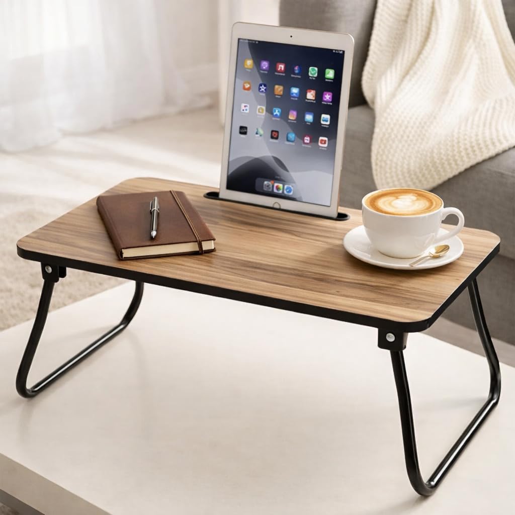 Foldable Laptop Bed Table & Device Slot – Folding Portable TV Tablet Mobile Laptop Sofa Lap Tray Wooden Breakfast Dinner & Work Desk & Floor