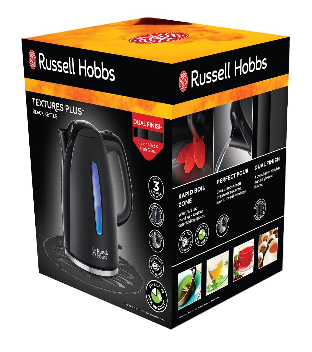 Russell Hobbs czajnik elektryczny, moc 2400W, 1.7L, strefy szybkiego gotowania, filtr antywapienny, kontroler strix, niebieskie podświetlenie, obrotowa podstawka, czarny mat, Textures Plus 22591-70