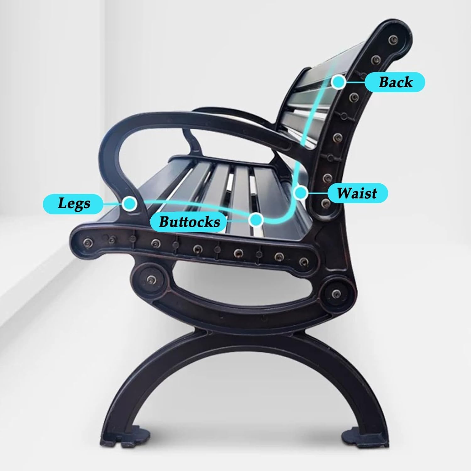 Garden Bench, Park Bench, Metal Outdoor Bench, Weatherproof Garden Bench, with Curved Backrest and Wide Armrest, for Patio, Park, Porch, Yard, Lawn(120cm/47.2in)