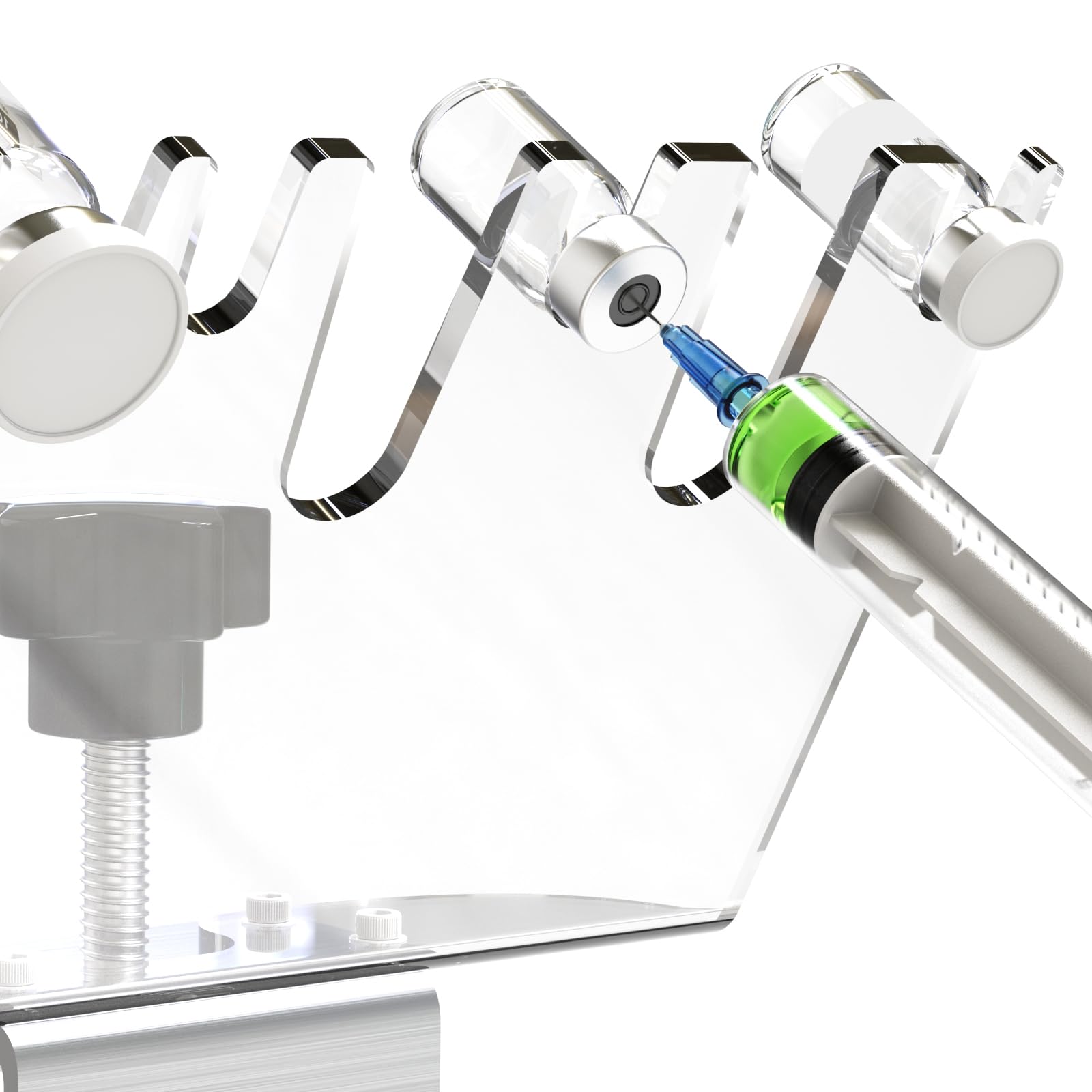 Biomed Solutions Support transparent mains libres pour flacon de médicaments avec 6 emplacements et couvercle de sécurité en option, pince réglable jusqu'à 3,8 cm d'épaisseur, s'adapte à différentes
