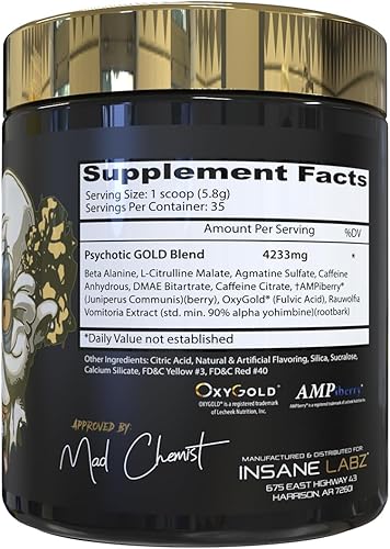 Miniatura 33 de Insane Labz Psychotic Gold - Polvo estimulante para pre entrenamiento, energía extrema, concentración, levantamiento de pesas y resistencia con beta