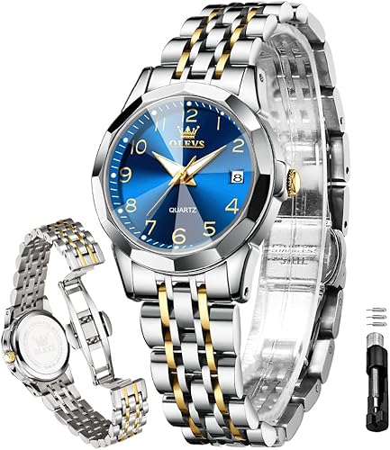 OLEVS - Reloj de pulsera para mujer, doradoplateado, analógico, de cuarzo, pequeño, de acero inoxidable, impermeable, luminoso, con fecha, reloj