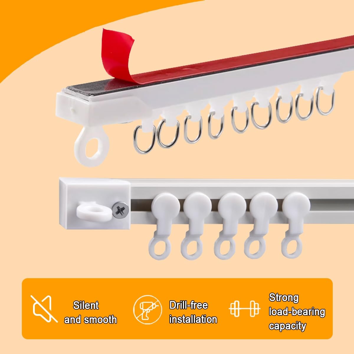 Gardinenstange Selbstklebend ohne Bohren - 50-500cm Verstellbare Wandschiene für Mieter inklusive Clips & Haken, Weiß, ideal für Camper & Markisen (250cm/8.2ft)