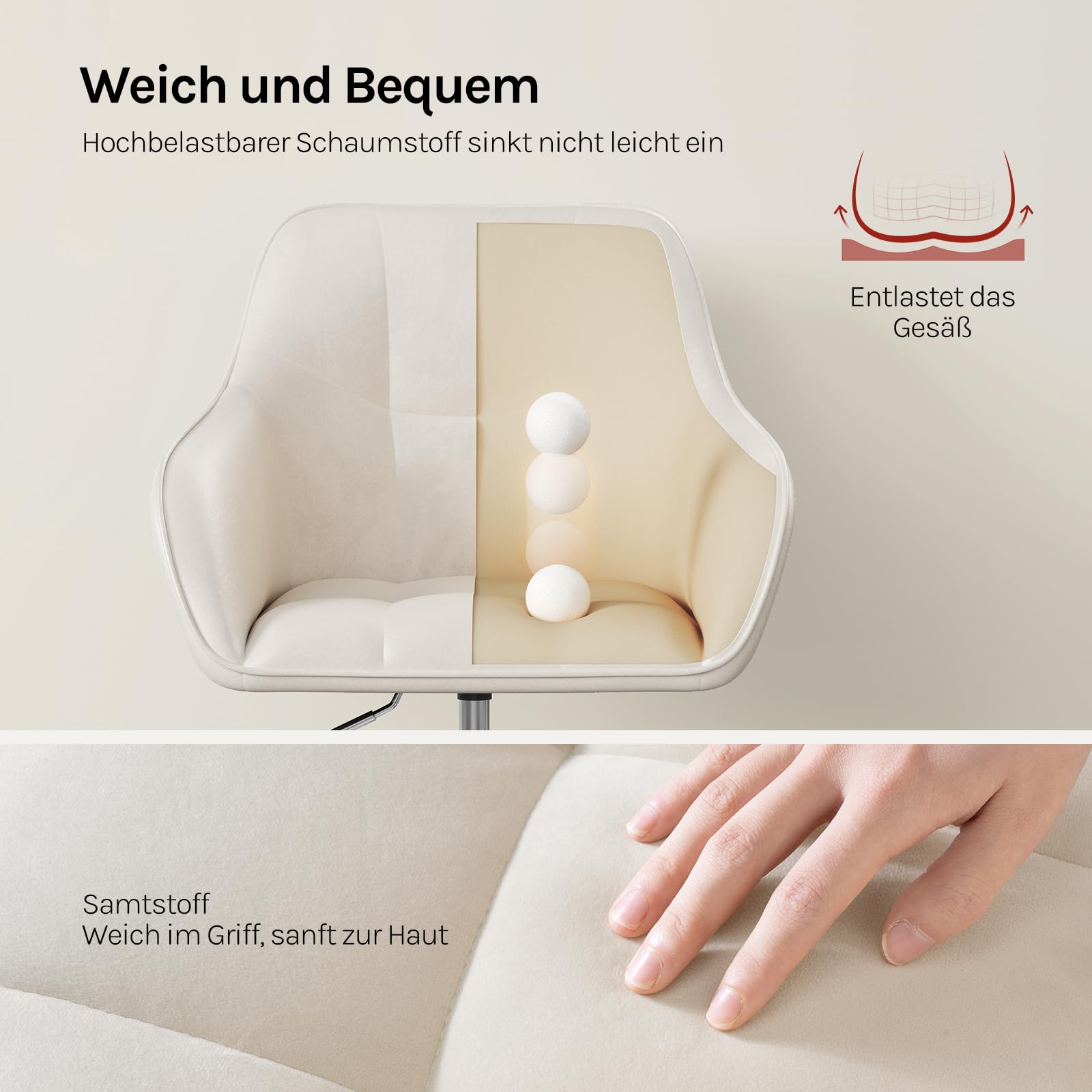 WOLTU Homeoffice Stuhl, Schreibtischstuhl, Drehstuhl, Schminkstuhl, höhenverstellbar, bis 150 kg belastbar, mit Armlehnen Samtsitz, für Schlafzimmer Büro Wohnzimmer, Beige