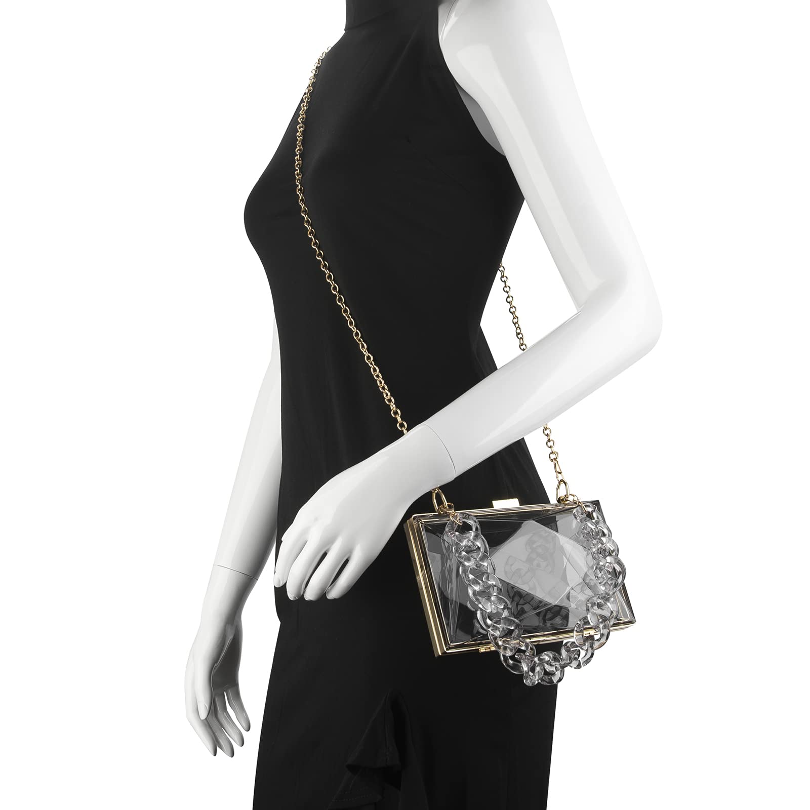 Women Transparent Acrylic Box, Clear Purse Evening Clutch Bag, Rhombus Lady Party Wedding Crossbody Shoulder Handbag (Grey)