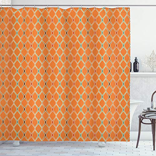 ABAKUHAUS Orange Shower Curtain, Vibrant Old Fashion Trippy with Unusual Shapes in Earthen Toned Display
