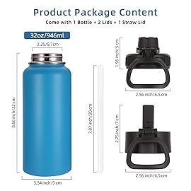 Volhoply 32 oz Insulated Water Bottles Bulk 2 Pack with Straw Lid & Spout Lid,Stainless Steel Sports Water Bottle,Double Wall Vacuum Cups,Leakproof Wide Mouth Metal Flask for Hiking,Camping(Blue,2)