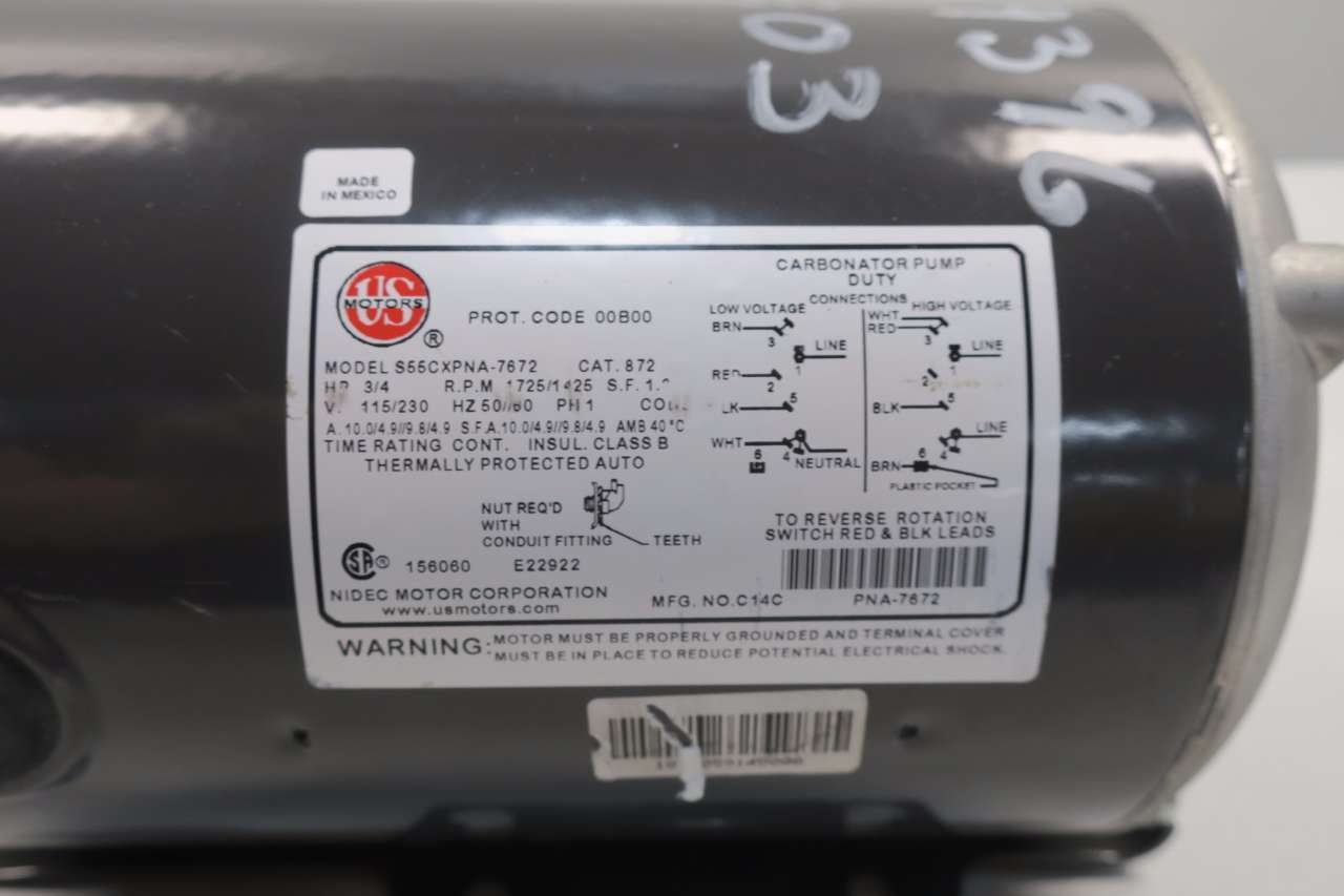 US MOTORS S55CXPNA-7672 872 115/230V 1725RPM 3/4HP Electric Motor D572242