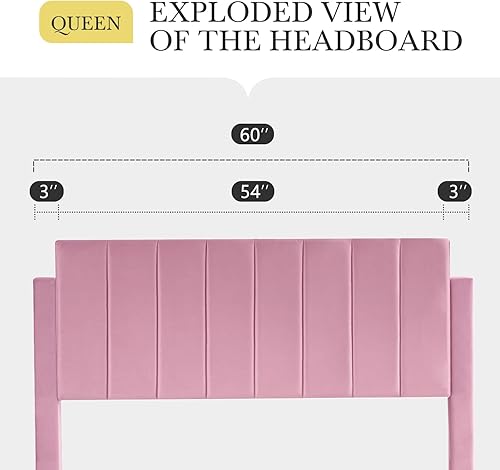 Miniatura 77 de HOOMIC Base de cama de plataforma de tamaño matrimonial con cabecera de canal vertical tapizada de terciopelo de felpa, no necesita somier, fácil