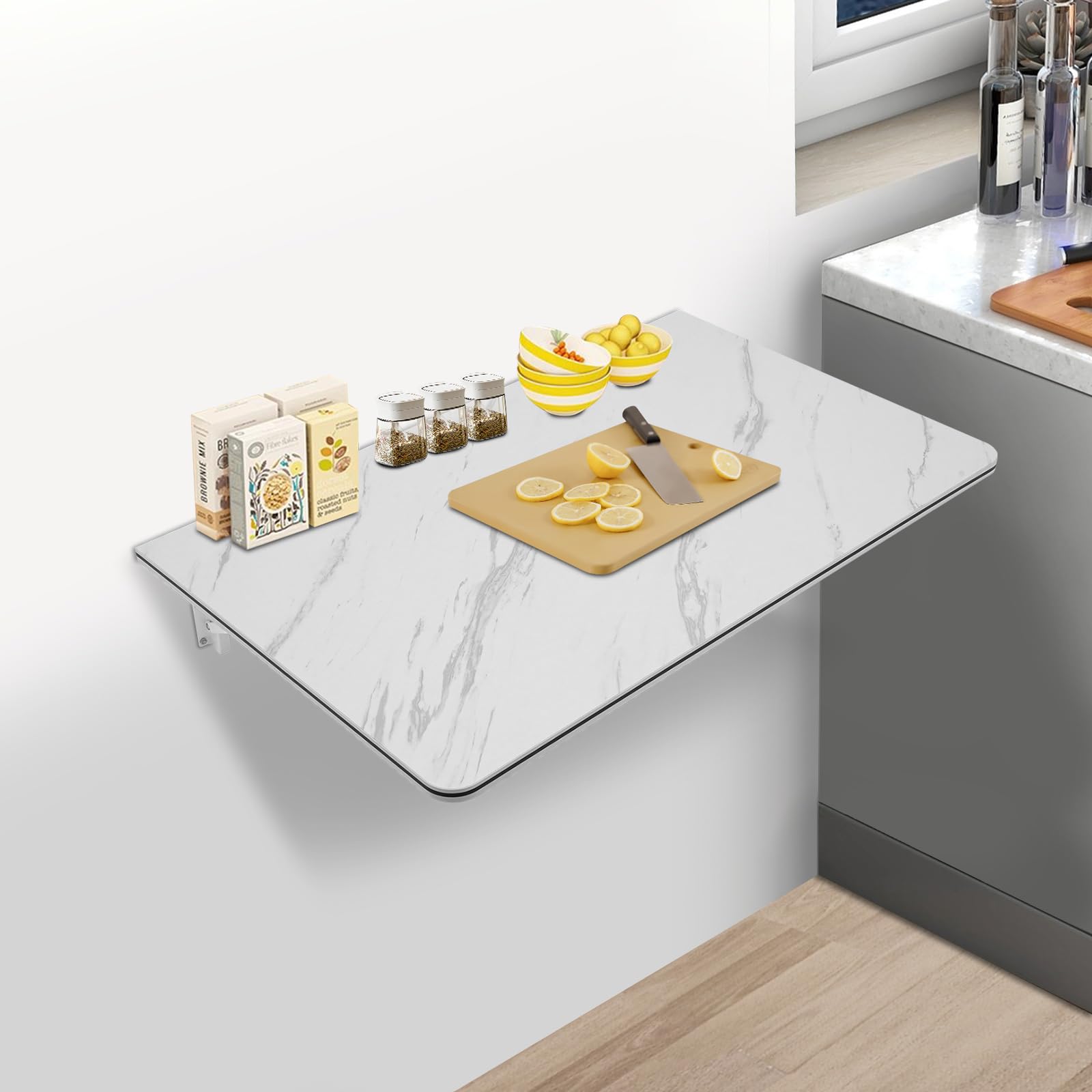 Escritorio de pared, mesa plegable, 90 x 50 cm, mesa de comedor, mesa de oficina, mesa plegable montada en la pared, de MDF y pinzas metálicas, máx. 30 kg (blanco)