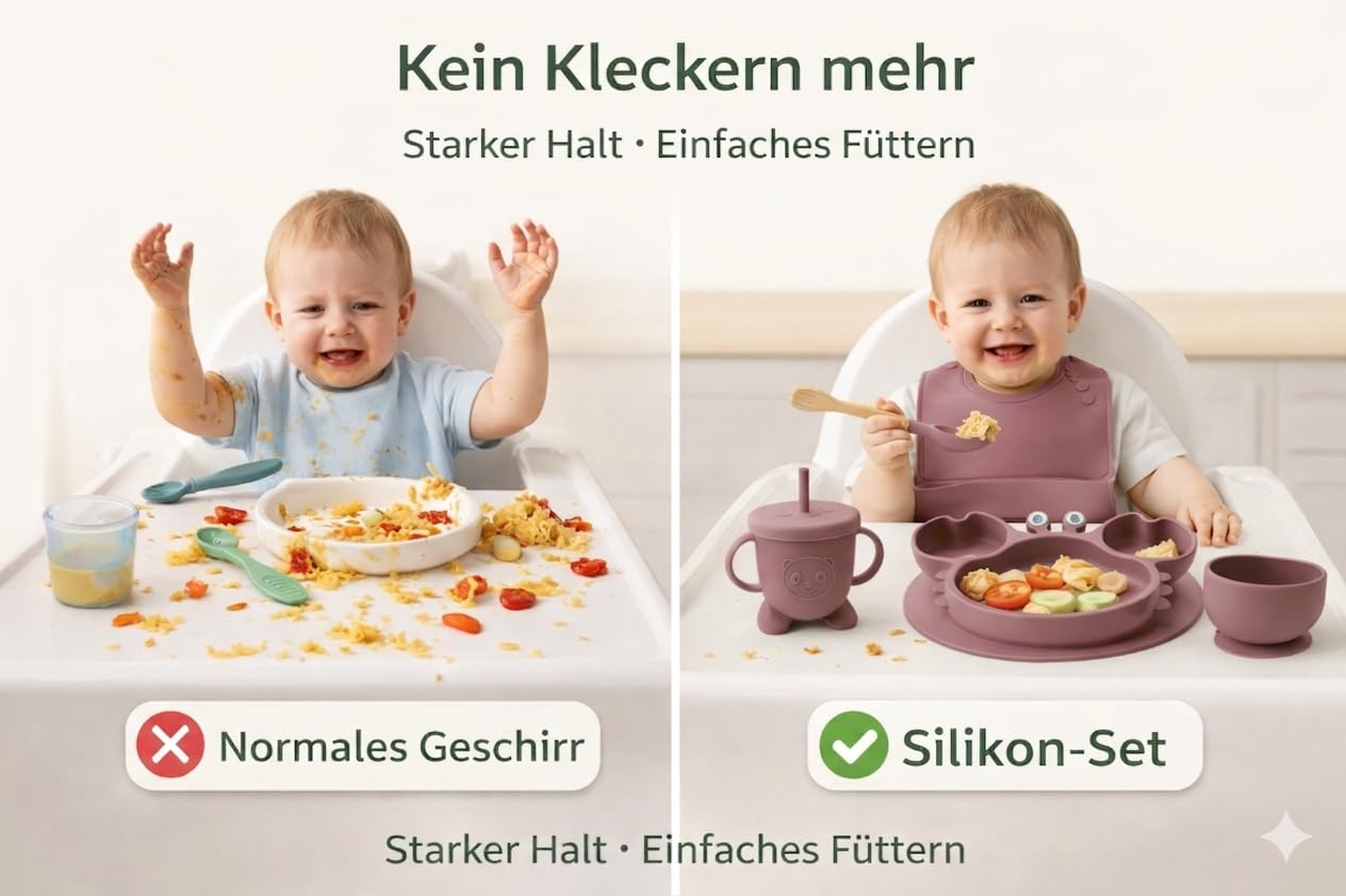 Eliano Set di 6 pezzi in silicone per bambini con piatto per granchio – stoviglie antiscivolo con ventosa, tazza con cannuccia, cucchiaio, forchetta e bavaglini – senza BPA, lavabile in lavastoviglie