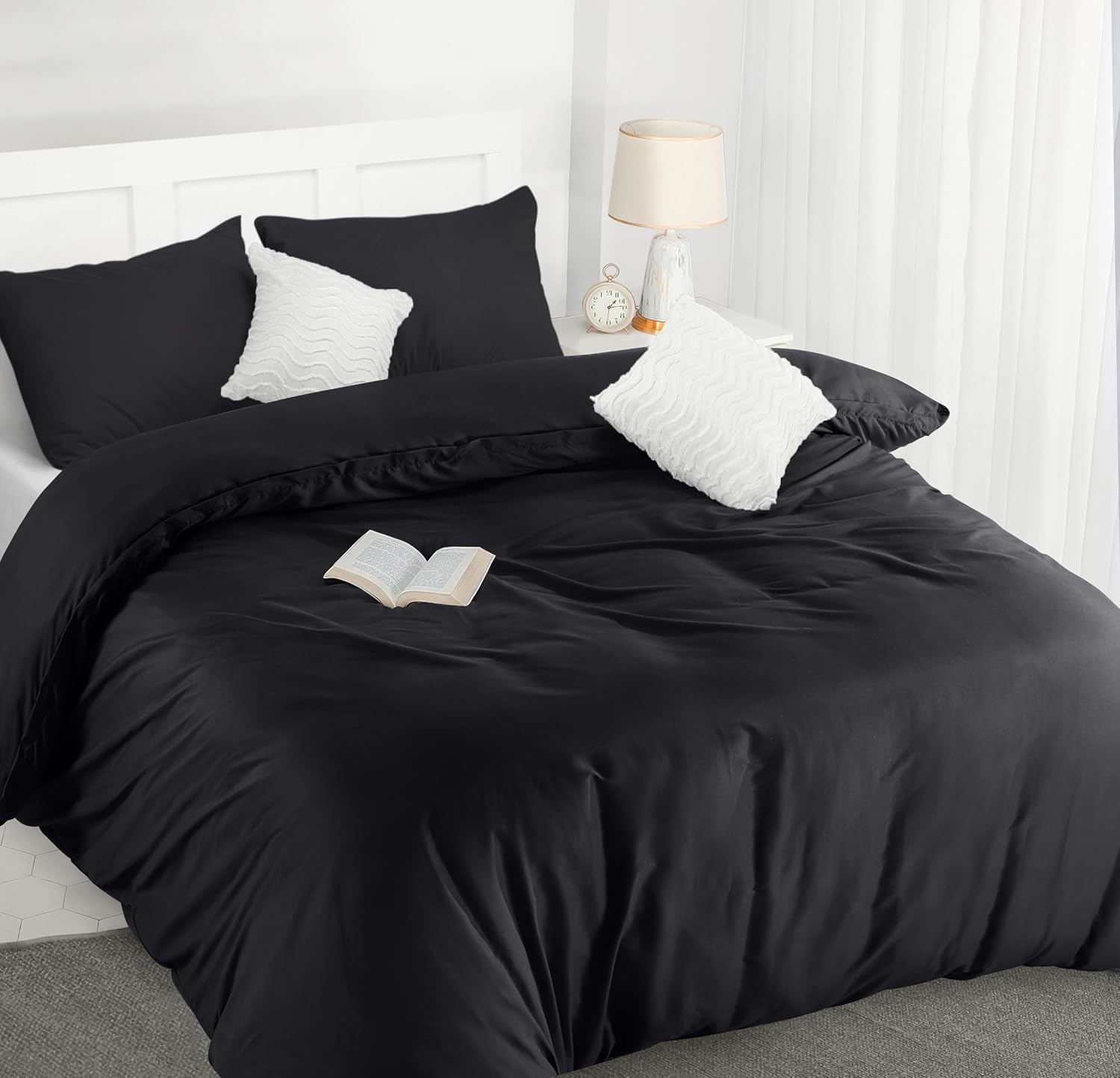 Housse de couette microfibre noire 200x200 cm anti-plis et facile d'entretien pour lit double