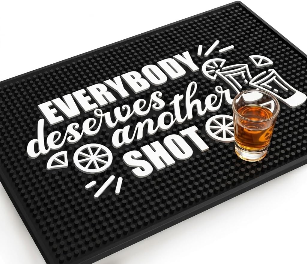 Everybody Deserves a Shot Bar Mat - Funny 18"x12" Rubber Bar Mat for Home Bar, Wet Bar & Countertop, Non-Slip Spill Mat for Cocktail Station, Funny Bar Gift