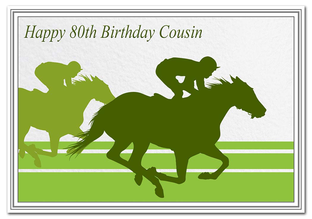 Special 80th Birthday Cards for him - Unusual Unique Cool Best 80 year old man (Cousin 80th Bday Card - Horse Racing theme)