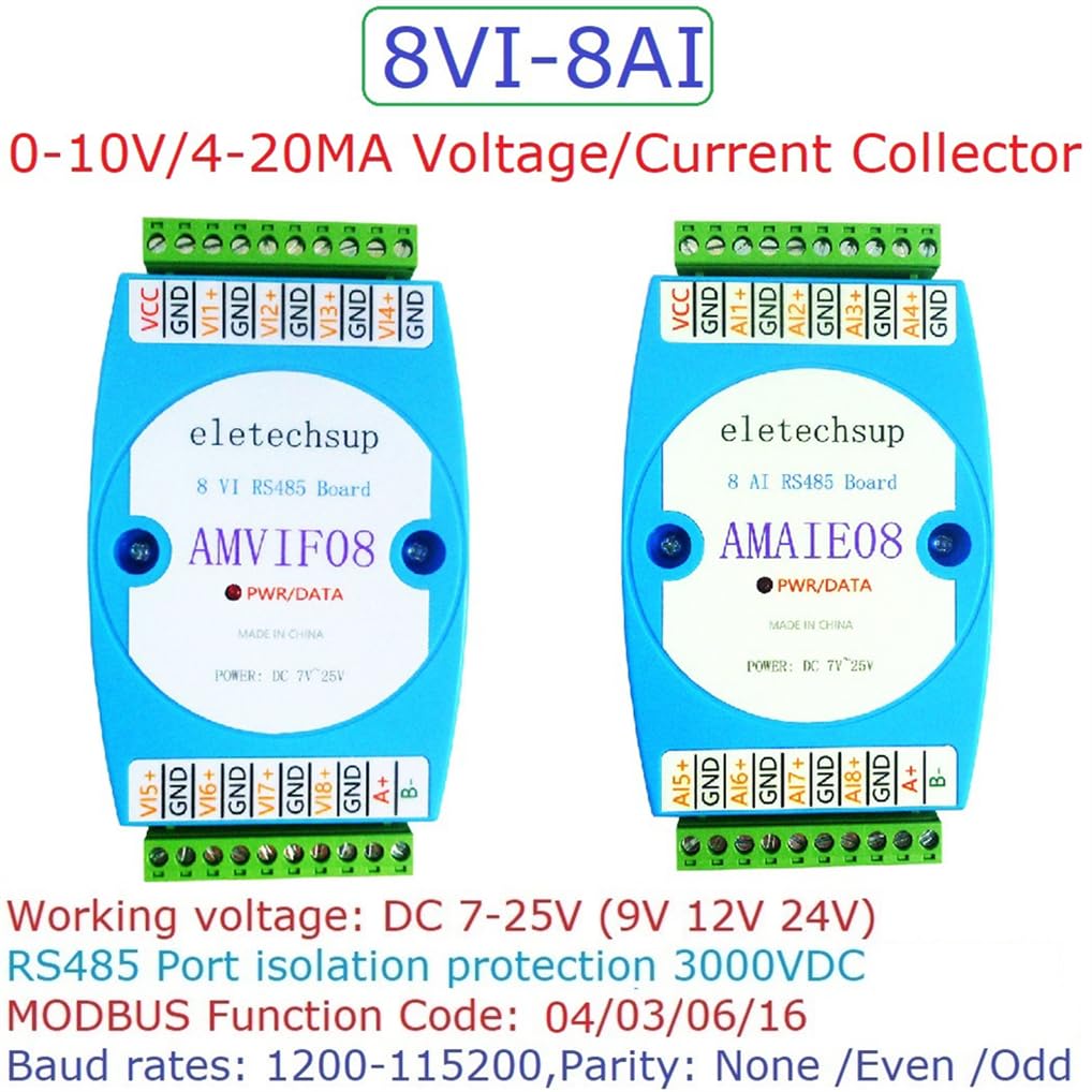 8AI 8VI 4-20MA/0-10V a RS485 Corriente/Voltaje ADC Colector Lectura Módulo de Captura MODBUS RTU PLC Placa DC 12V-24V 8 Canales (AMVIF08 0-10V Instrumentación tensión)