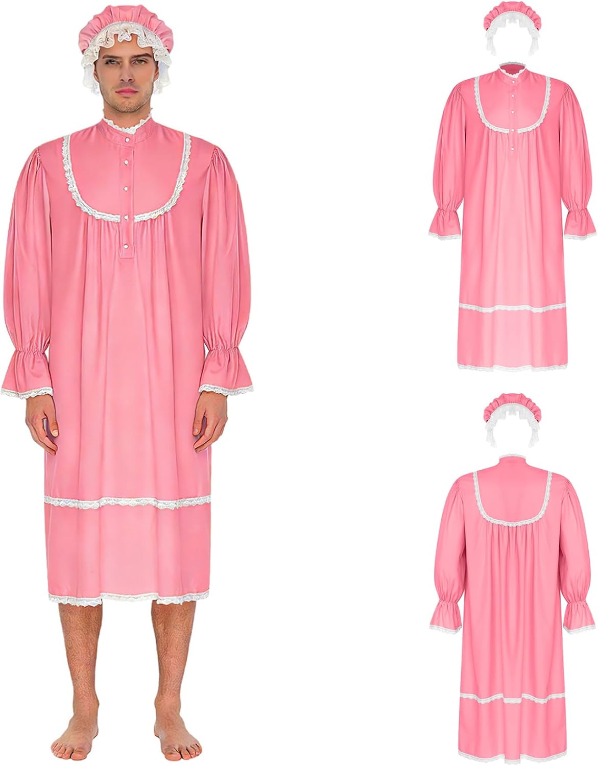 Men's Victorian Nightgown Ruffled Cuffs Lace Trim Sissy Sleep Robe with Hat Pajamas Party