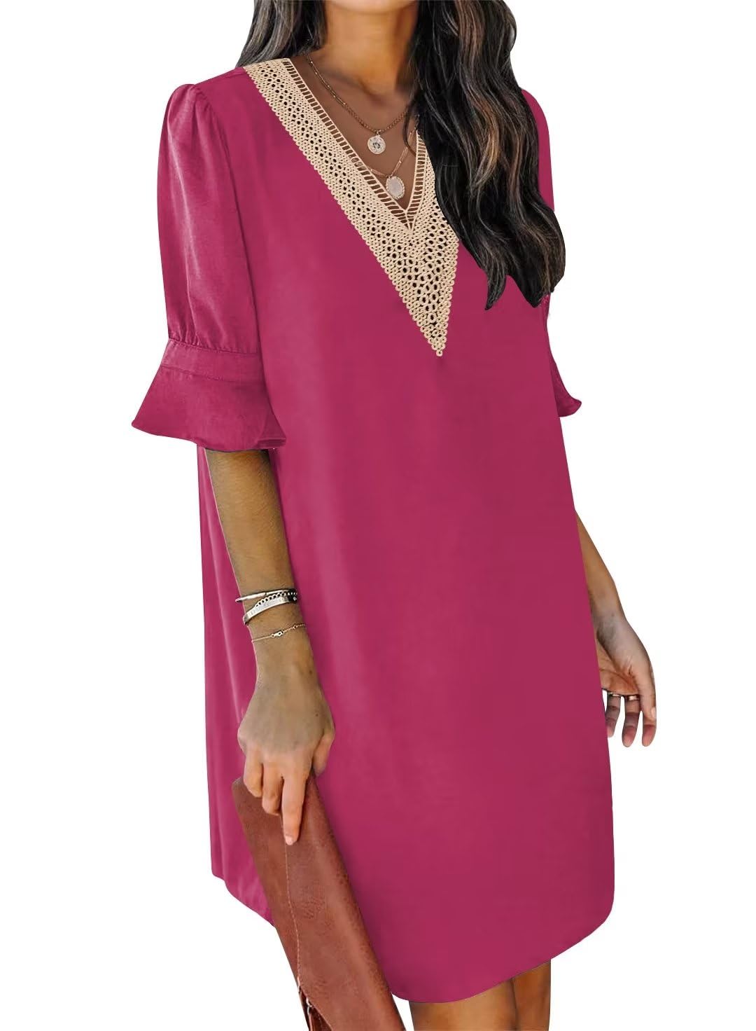 QACOHUSummer Dresses for Women V Neck Ruffle Short Sleeve Casual Shift Dress