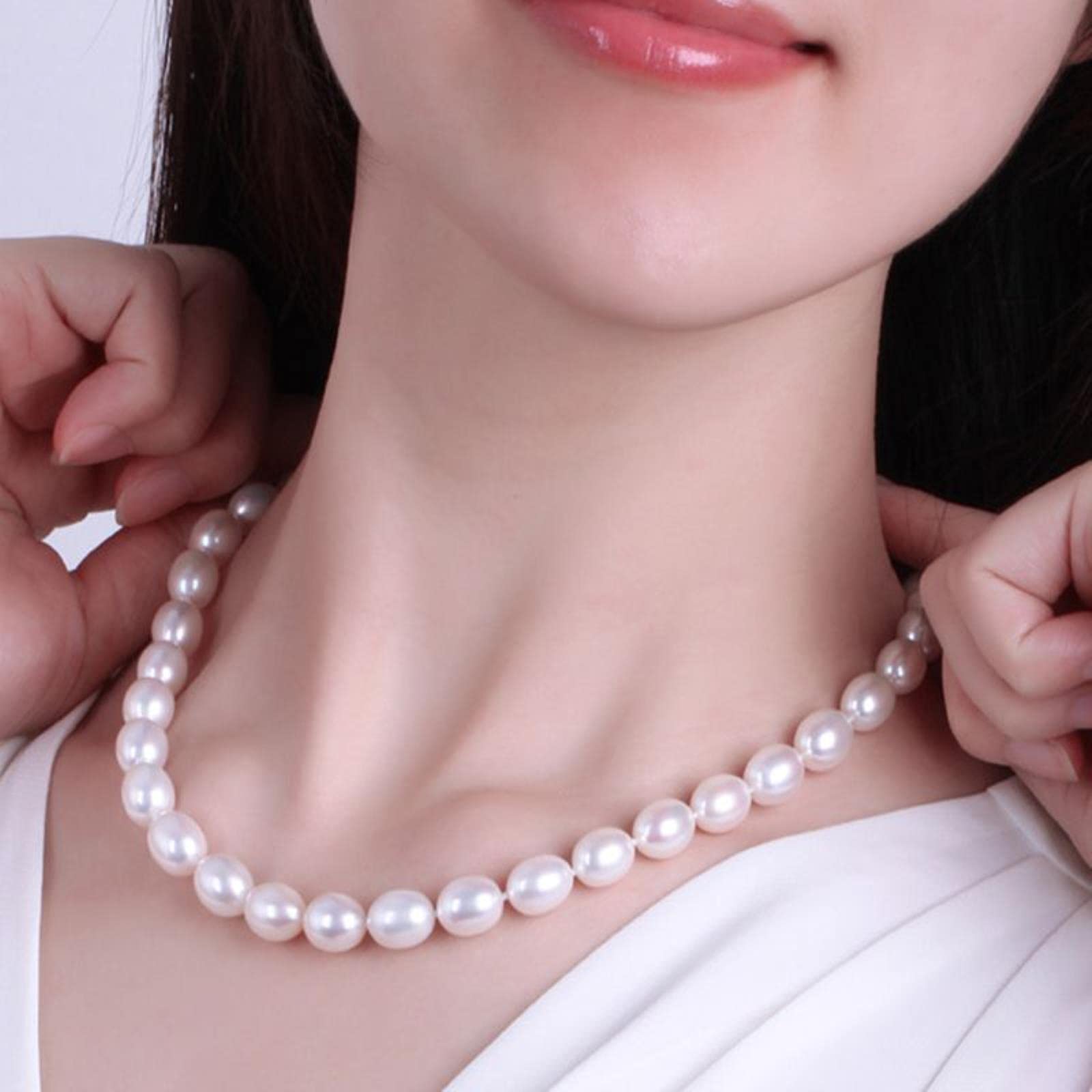 LOKILOKI Gargantilla De Perlas De Agua Dulce Natural para Mujer 7-8 Mm Joyas De Perlas De Arroz Cultivadas Blancas 45cm