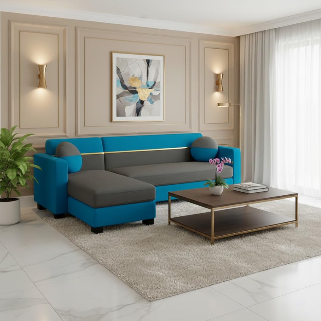 FURNY Bronster 4 Seater Fabric LHS L Shape Sofa Set (Aqua Blue-Dark Grey) Premium Velvet Finish | Durable Comfort | Ideal for Living Room