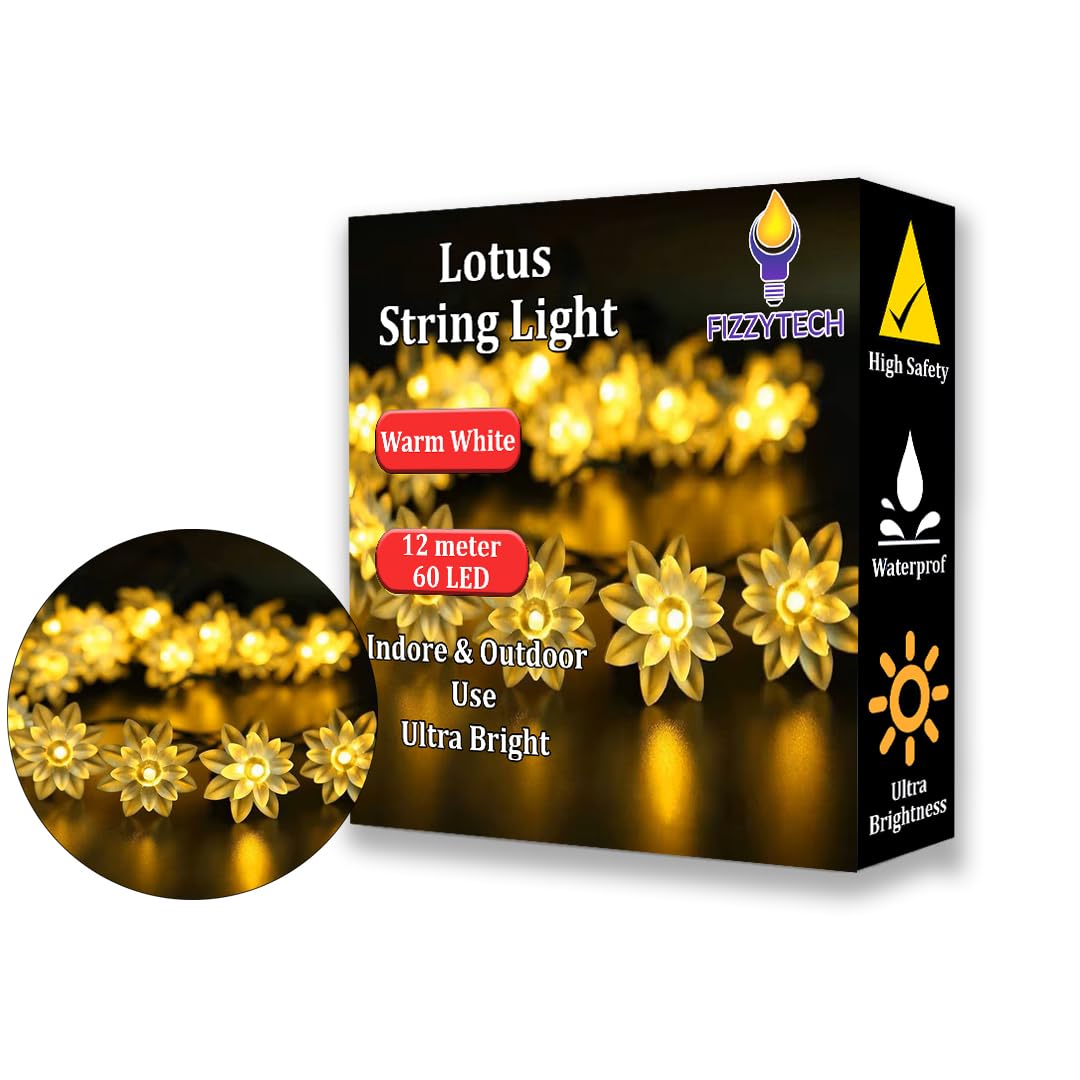 fizzytech Lotus Flower String Lights for Indoor Outdoor Decoration Diwali Light for Party Birthday Diwali Christmas Navratri Valentine Gift Home Decoration Light (Lotus 60 LED 12 Meter Warm White)