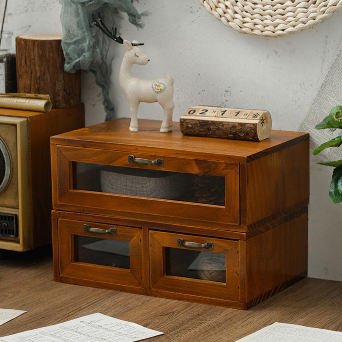 Scatola Organizer da Scrivania in Legno Cassetto Acrilico Marrone | Rialzo per Monitor, Scomparti Classificati, per Cancelleria e Cosmetici