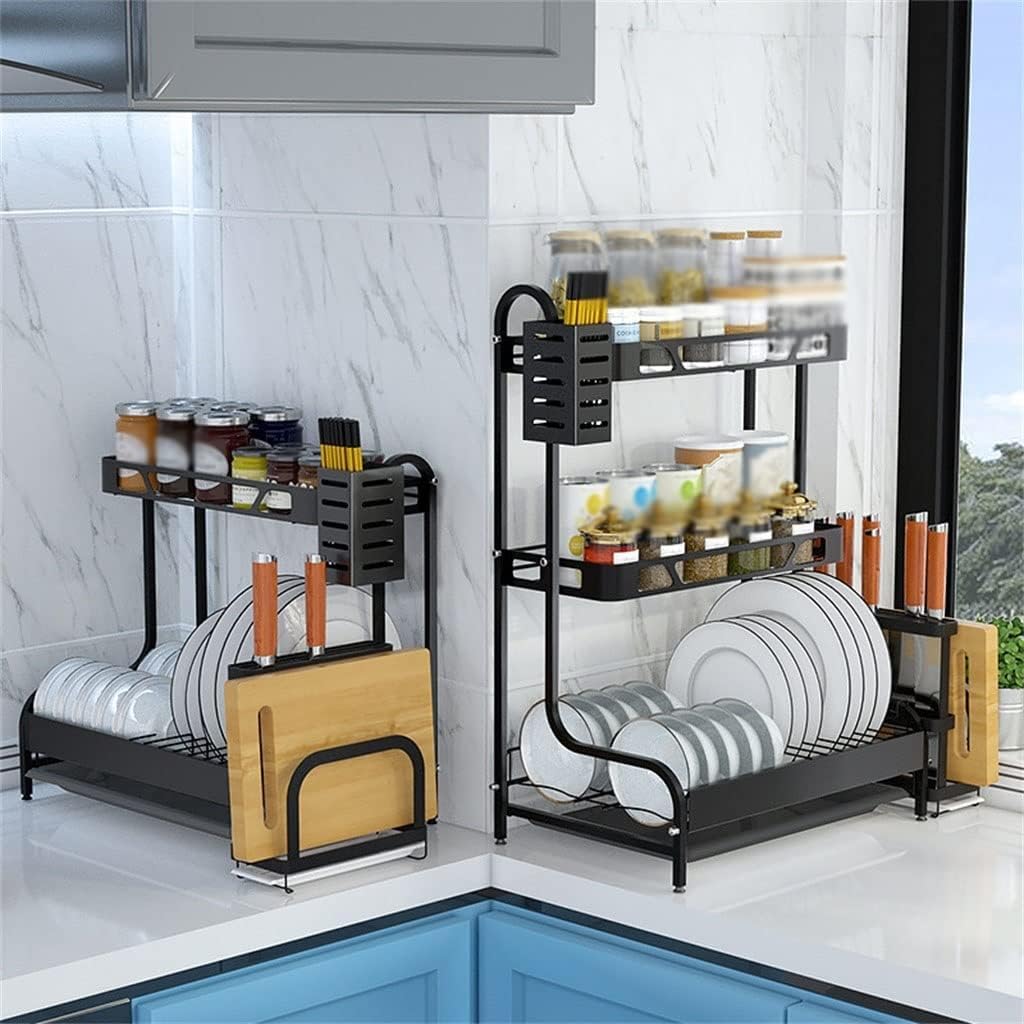 Escurreplatos Estante para platos Estante para platos de metal de 2 niveles Suministros de cocina Estante para especias Cuchillo multifuncional Estante para almacenamiento de platos Estante para taz