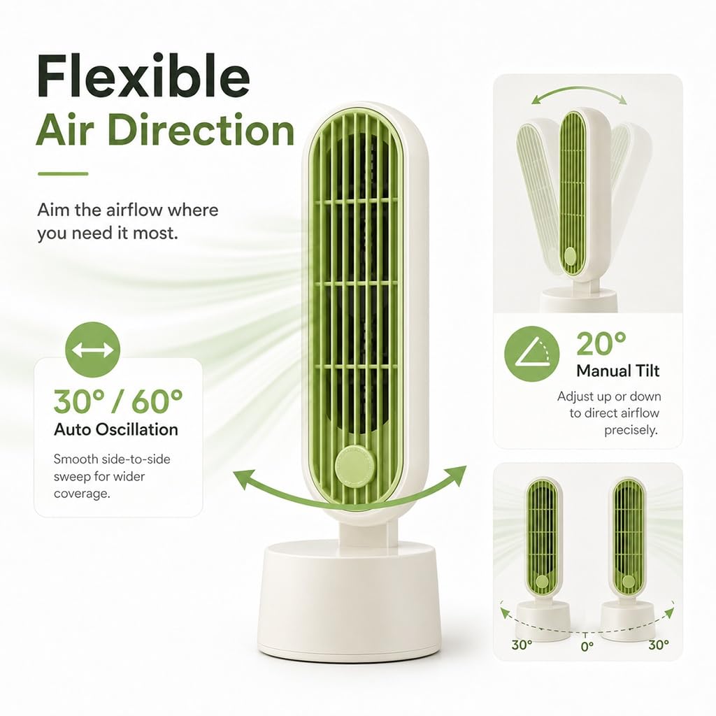 Ventilatore A Torre Compatto Con Batteria Ricaricabile Da 4000 MAh | 5 Velocità Con Controllo Touch,Display LED, Oscillazione 30°/60°, Raffreddamento Personale Silenzioso Per Scrivania